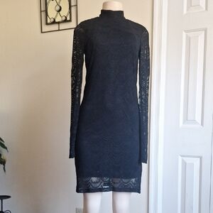 Jennifer Lopez Black Lace Mock Neck Mini Dress – Size M